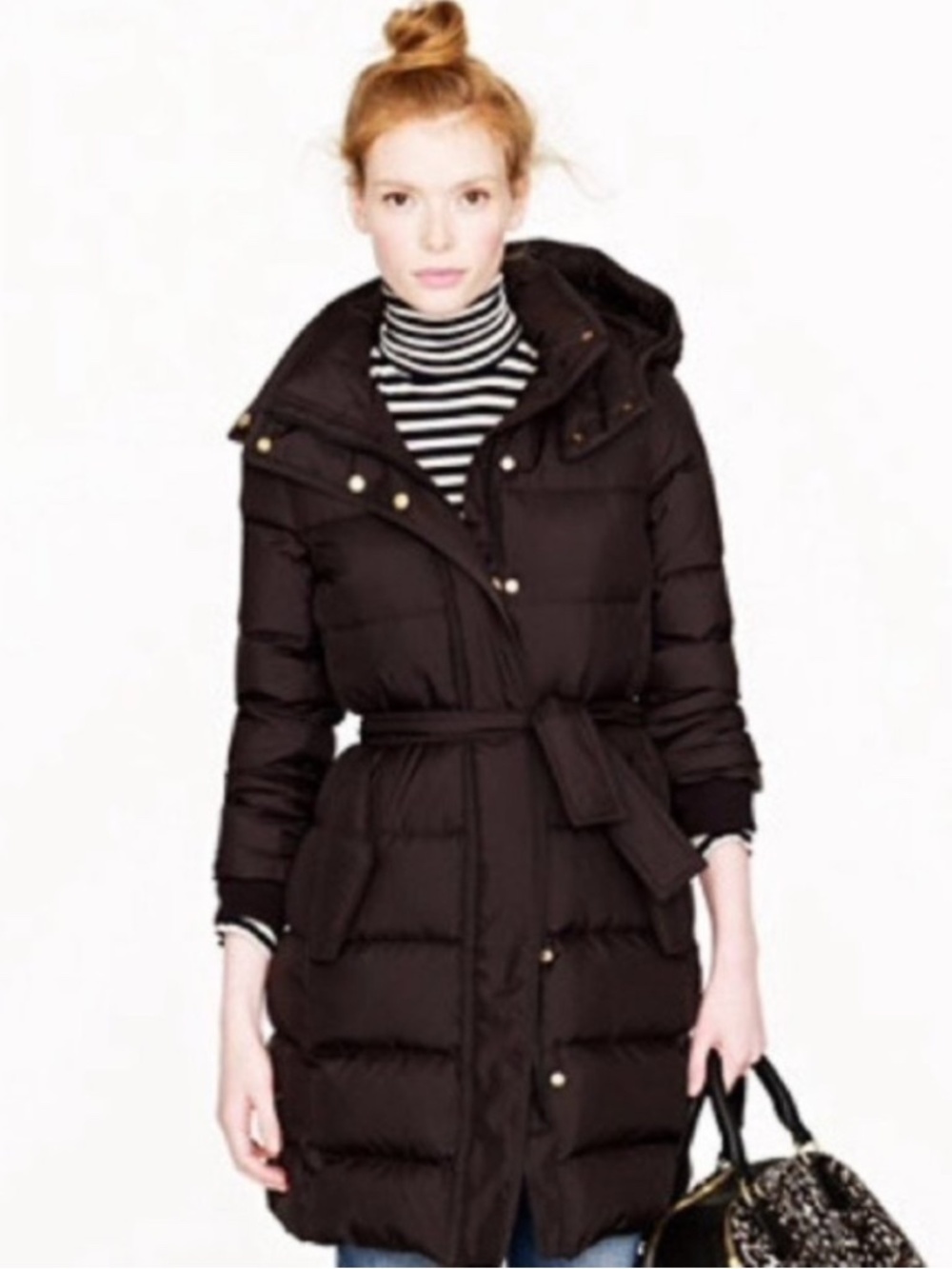 J. Crew Long Belted Puffer Jacket Black 19471 Size M